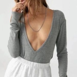 🆕JOAH BROWN HEATHER GREY LONG SLEEVE REVERSIBLE DEEP V PLUSH RIBBED CROP TOP